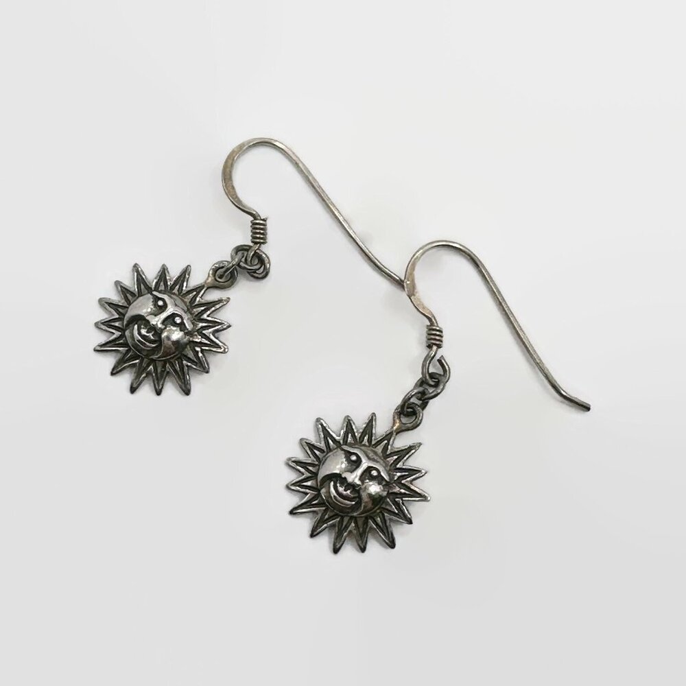 Sun Earrings, Sterling Silver, Boho, Pierced, Dangle, Vintage, Bohemian